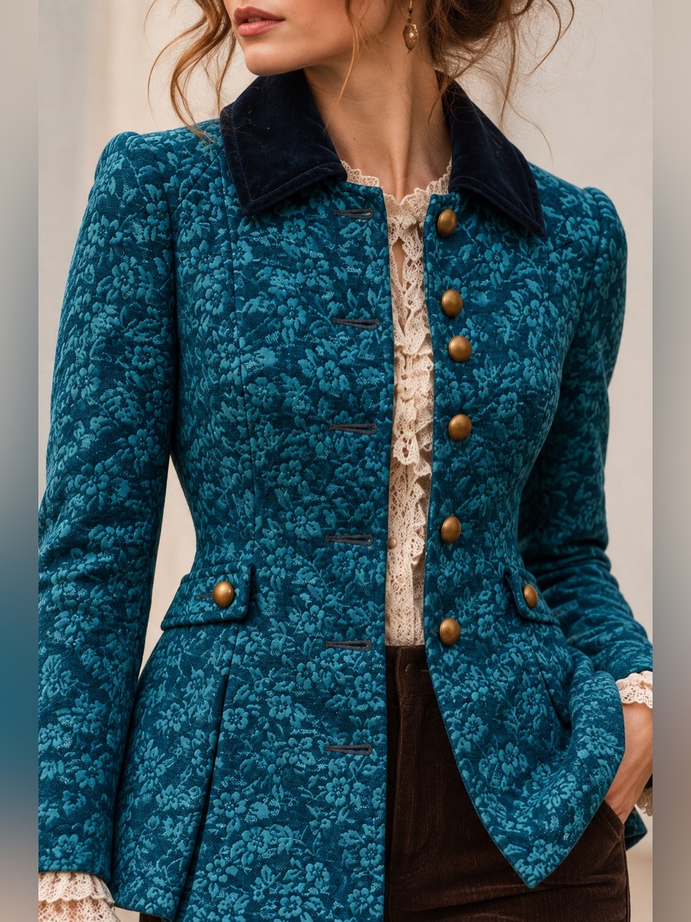 Vintage Free People Gypsy Coat Teal Floral Jacquard Velvet Collar Tapestry